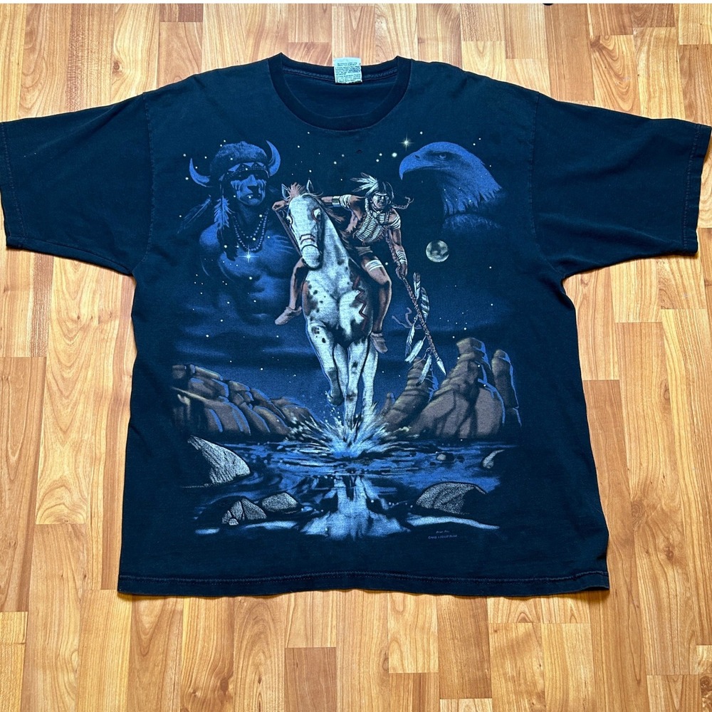Vintage AOP Liquid Blue Men T-Shirt XL Black Native American 1998 Brian Fox